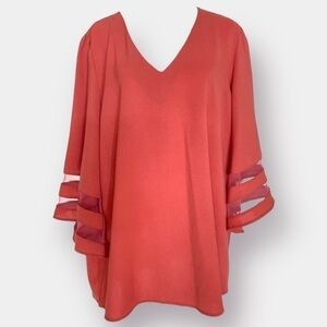 Coral Sheer Bell Sleeve Blouse V Neck Size 2XL